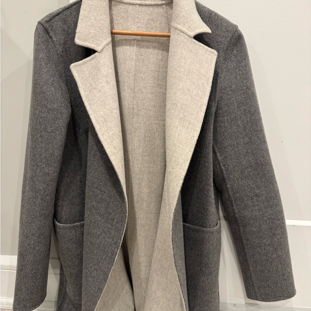 Theory Gray and Cream Trench Coat Wool-Blend